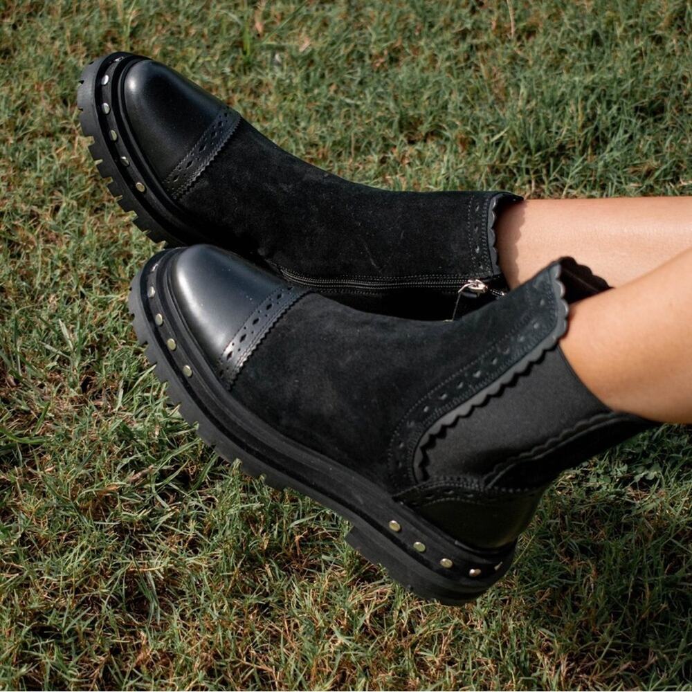 Free People Black Suede & Leather Studded Chelsea Booties